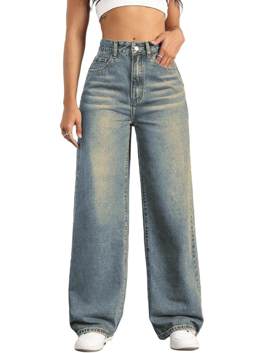 Women's Dusk Blue High Waisted Wide Denim Pants Baggy Trendy Straight Leg Jeans